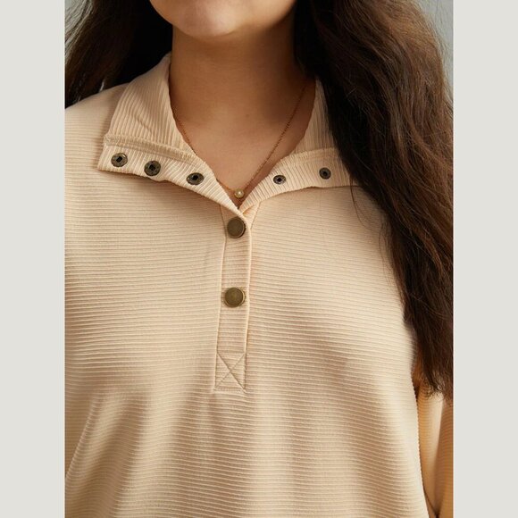 BloomChic Apricot Plisse Lapel Collar Button Up Sweatshirt - Picture 5 of 7